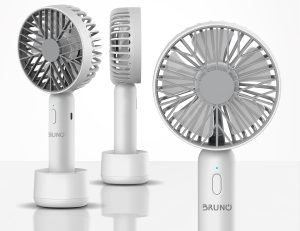 BRUNO BRN-0229 Φορητός ανεμιστήρας χειρός επαναφορτιζόμενος, με βάση και λουράκι μεταφοράς, λευκός-γκρί